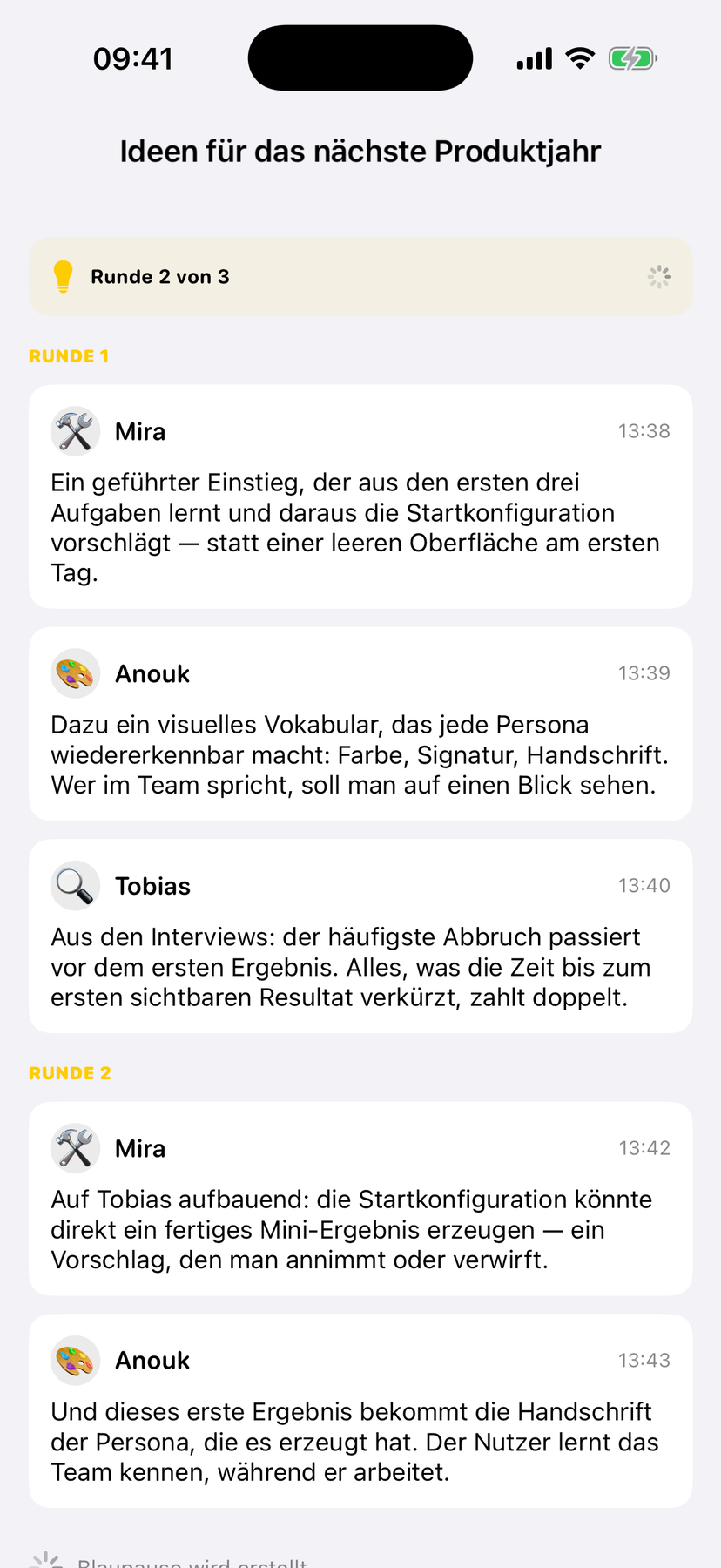 Companion App: laufendes Brainstorming, nach Runden gruppierte Beiträge von Mira, Anouk und Tobias