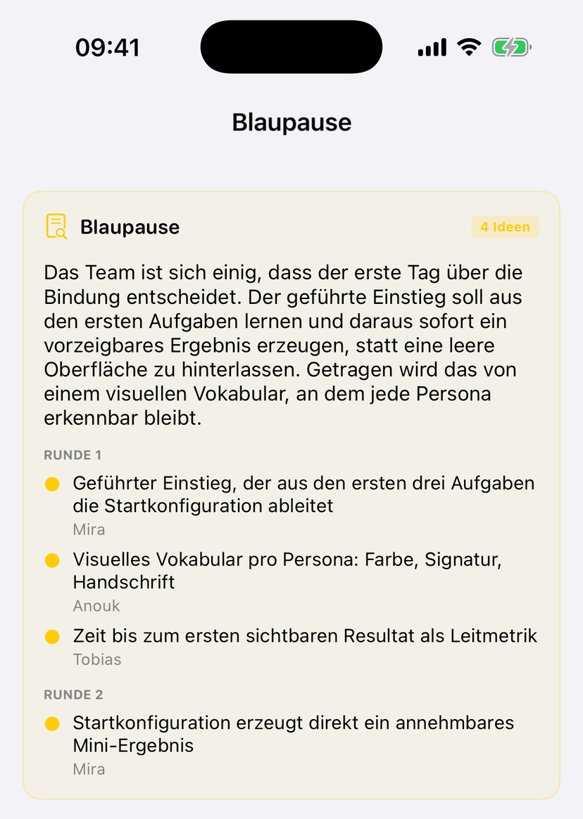 Companion App: Brainstorming-Blaupause mit Synthese und vier einzeln ausgewiesenen Ideen samt Urheber