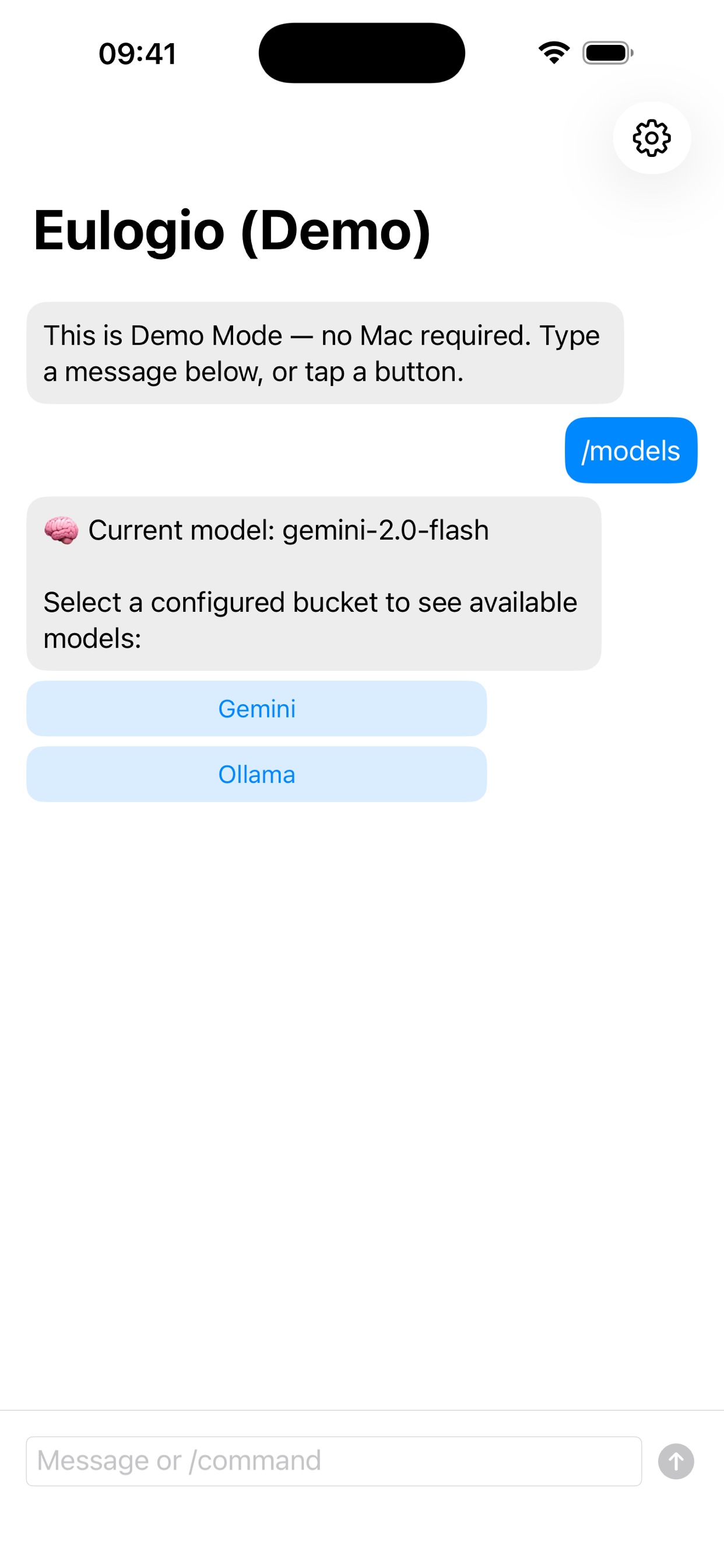 Eulogio Companion App im Demo-Modus: Chat mit /models-Befehl und Anbieter-Auswahl