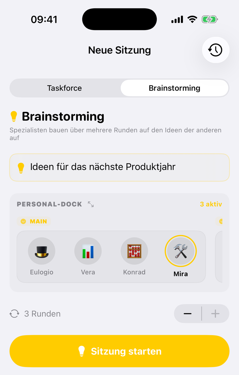 Companion App: neue Sitzung im Brainstorming-Modus mit Rundenzahl und ausgewählten Spezialisten