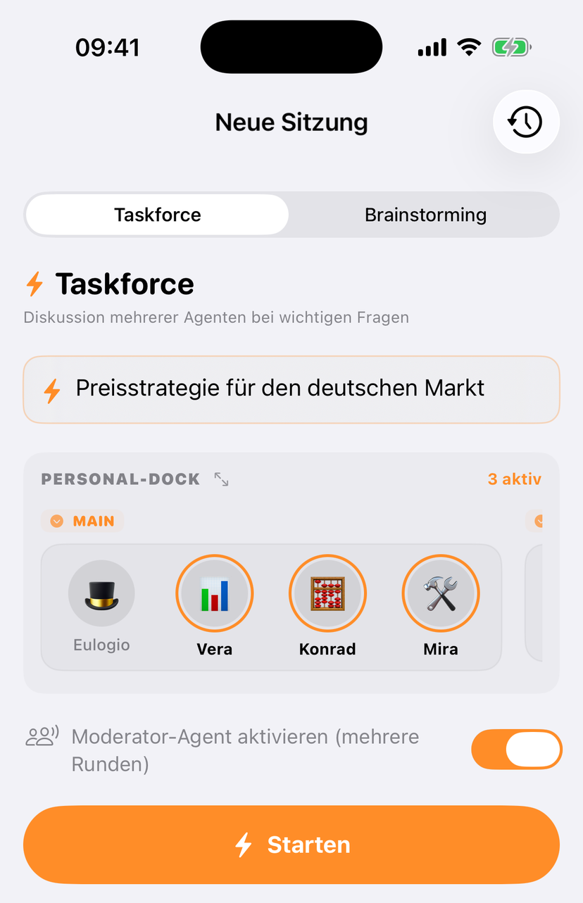 Companion App: neue Sitzung im Taskforce-Modus mit Thema, Personal-Dock und Moderator-Schalter