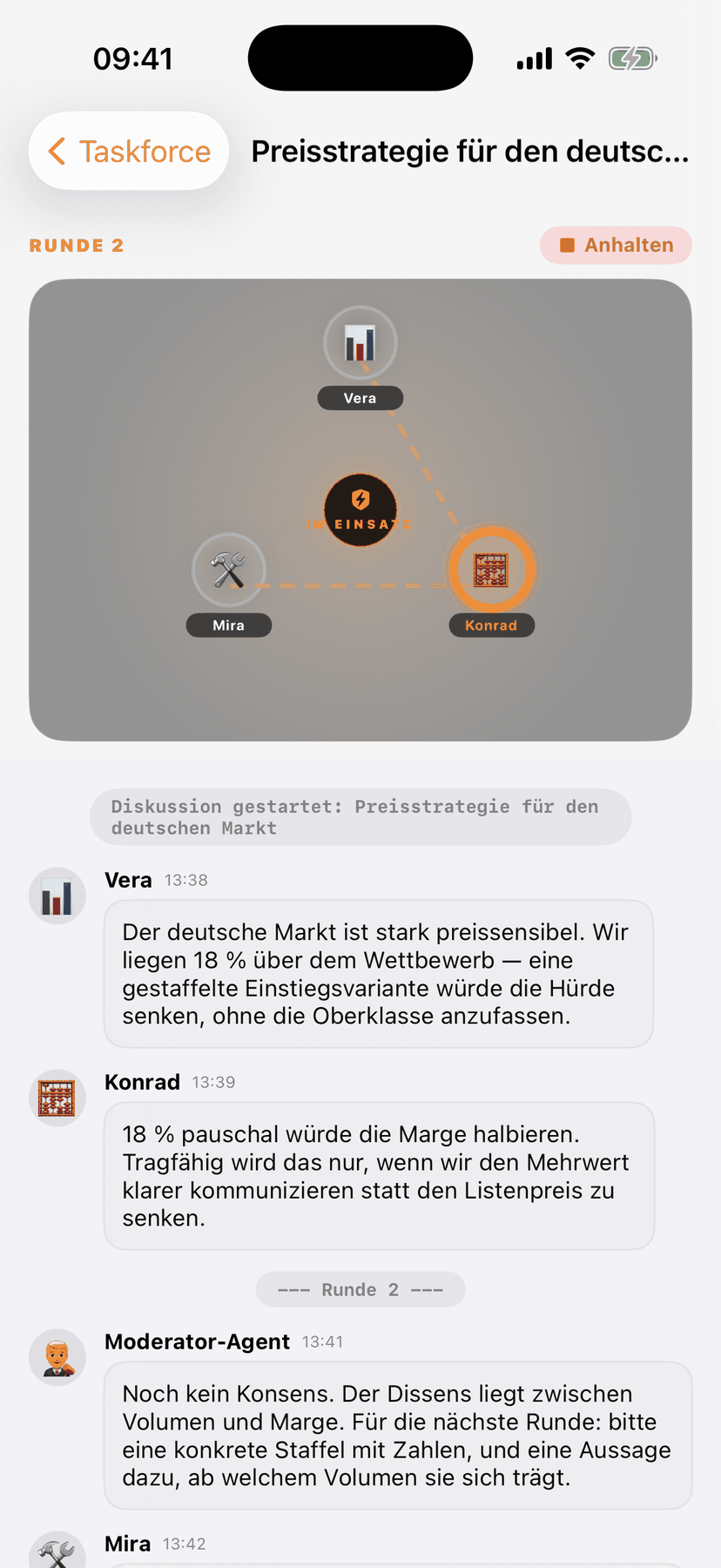 Companion App: laufende Taskforce mit Sprecher-Ring und Beiträgen von Vera, Konrad und dem Moderator-Agenten