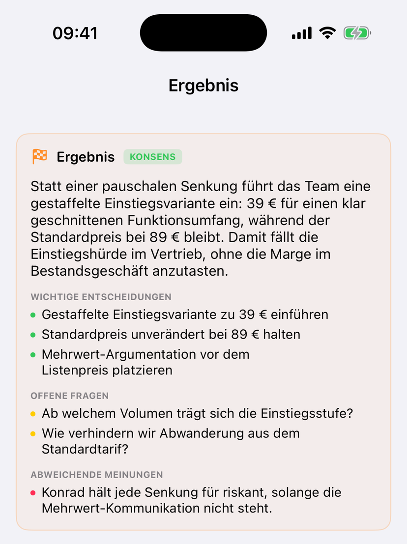 Companion App: Taskforce-Ergebnis mit Konsens-Kennzeichnung, wichtigen Entscheidungen, offenen Fragen und abweichenden Meinungen